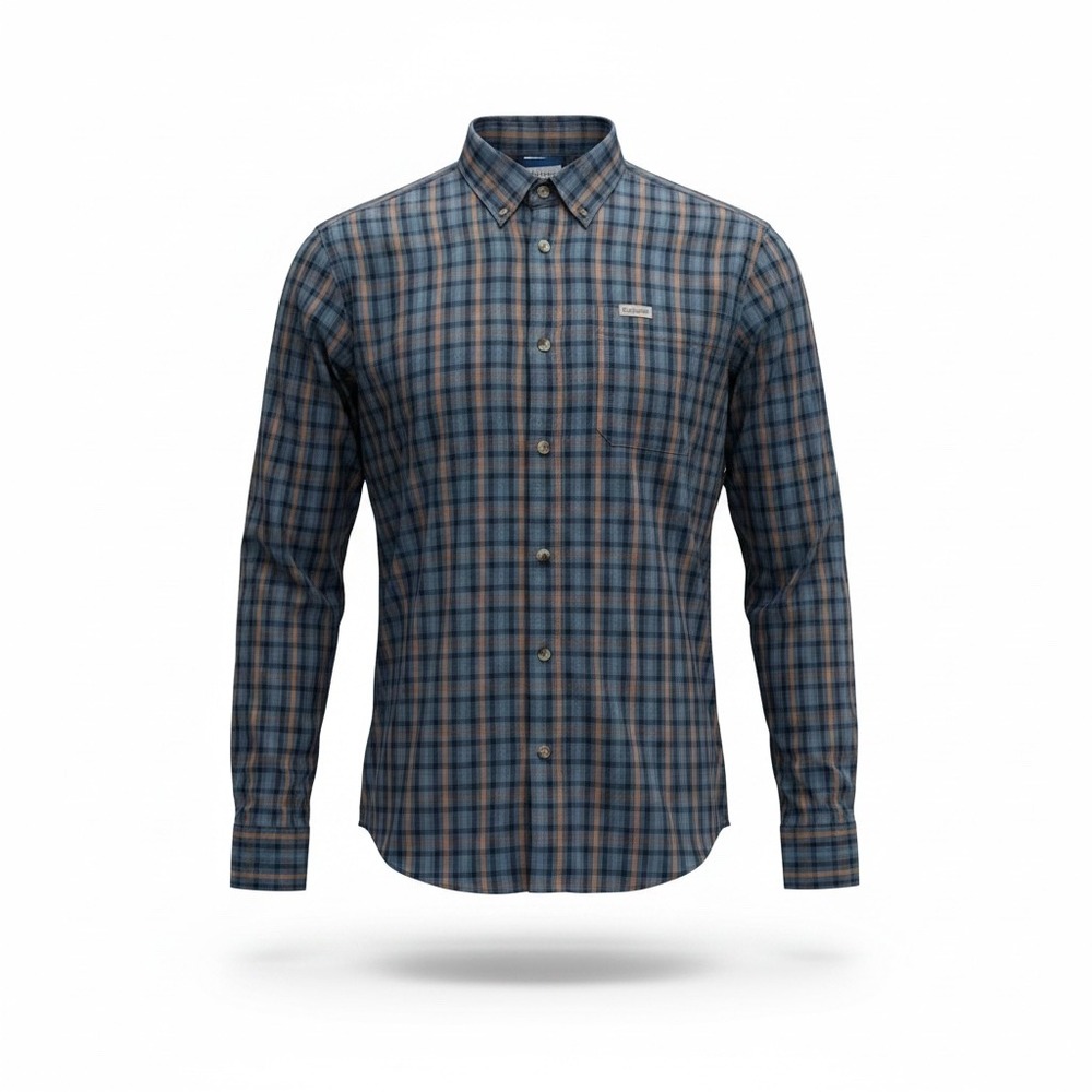Columbia Mens Blue Orange Plaid Button Down Long Sleeve Shirt Large Pocket